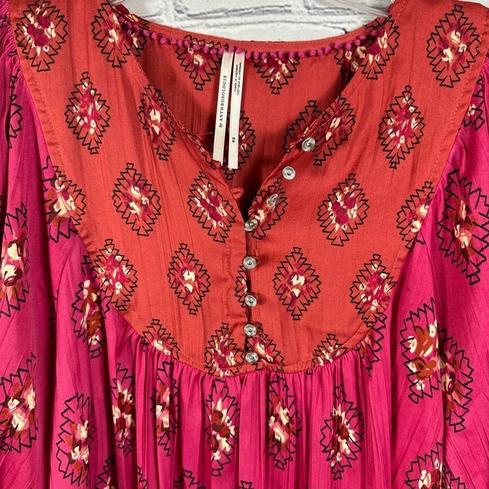 Anthropologie Women’s Top Puffed Sleeve Ikat Floral Henley Relaxed Pink & Red XS - Picture 4 of 9